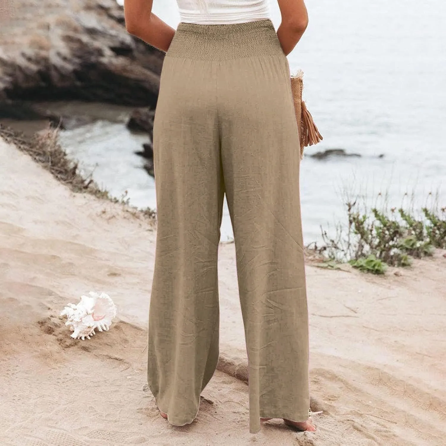 Women Cotton Linen Summer Y2K Fashion Pants Low Waist Bootcut Slim-Fit Pant Trousers Beach