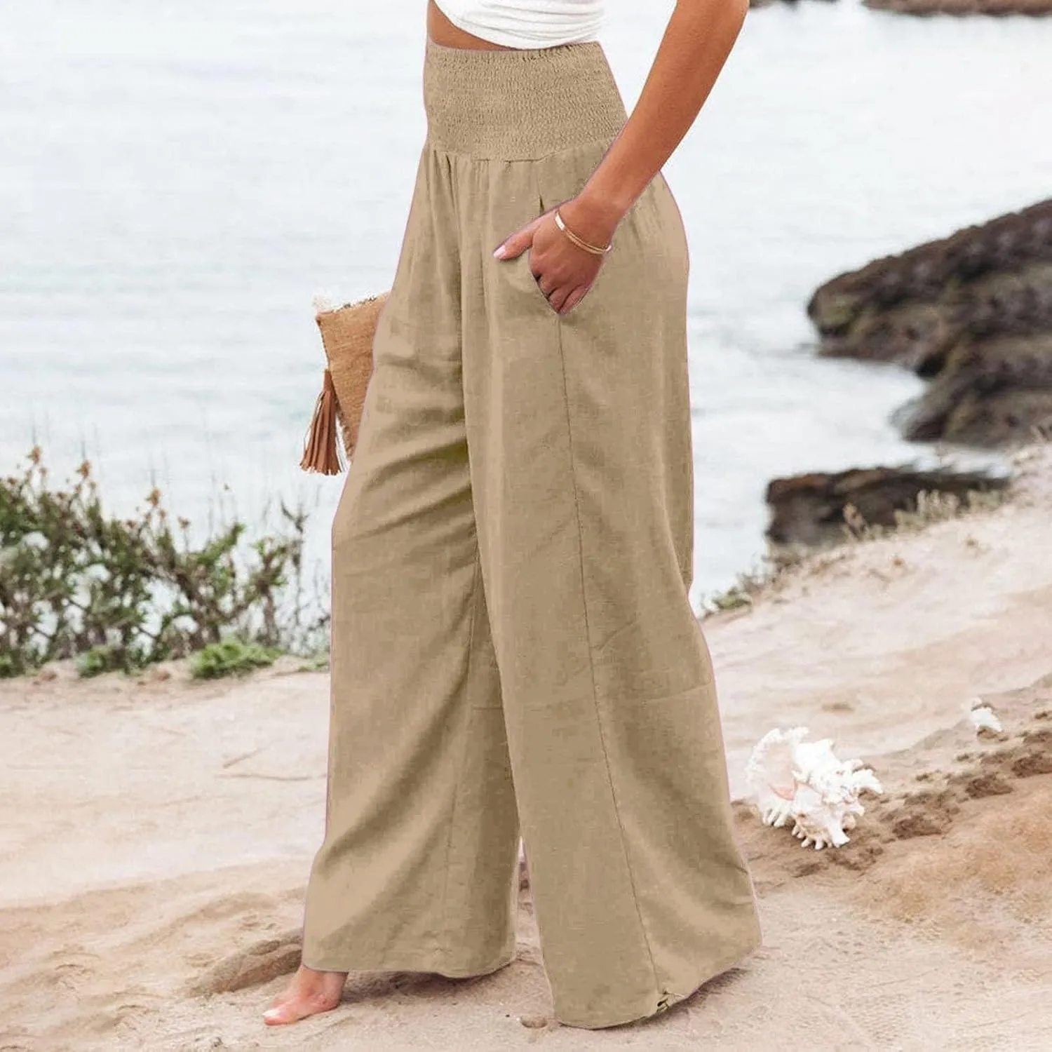 Women Cotton Linen Summer Y2K Fashion Pants Low Waist Bootcut Slim-Fit Pant Trousers Beach