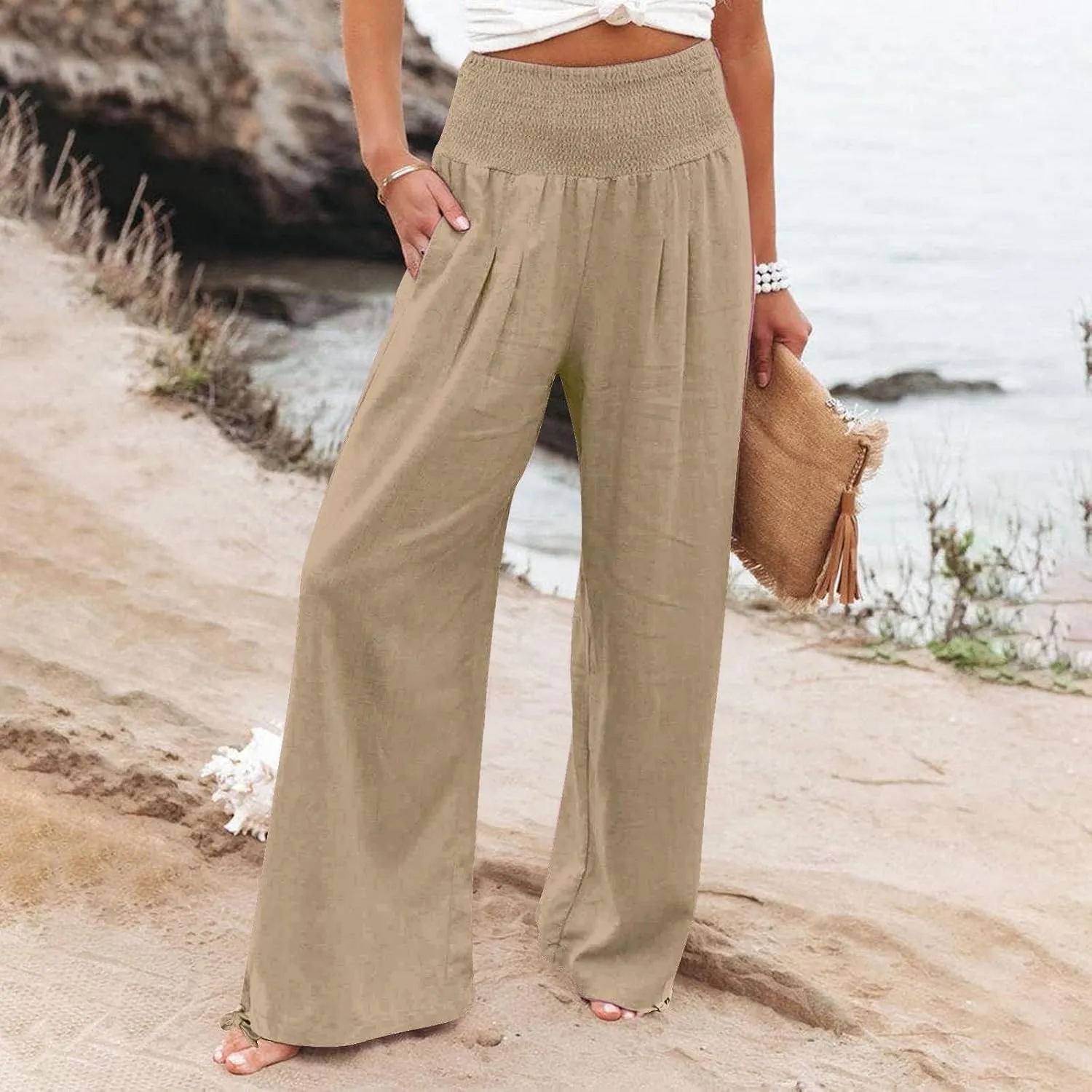 Women Cotton Linen Summer Y2K Fashion Pants Low Waist Bootcut Slim-Fit Pant Trousers Beach