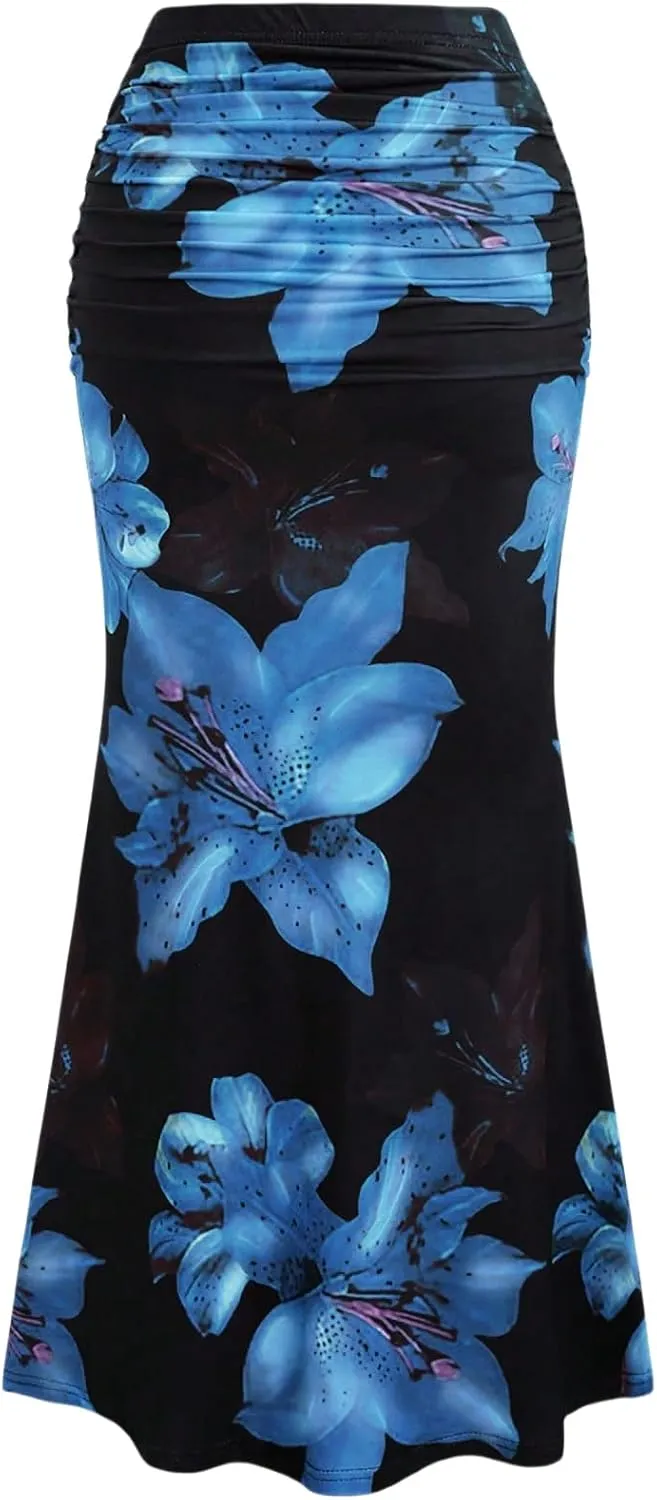 Women Floral Midi Skirt Print Mermaid Long Skirt Pleated Maxi Skirt Summer
