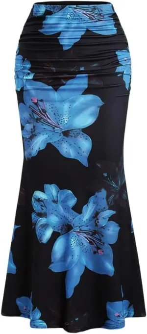 Women Floral Midi Skirt Print Mermaid Long Skirt Pleated Maxi Skirt Summer
