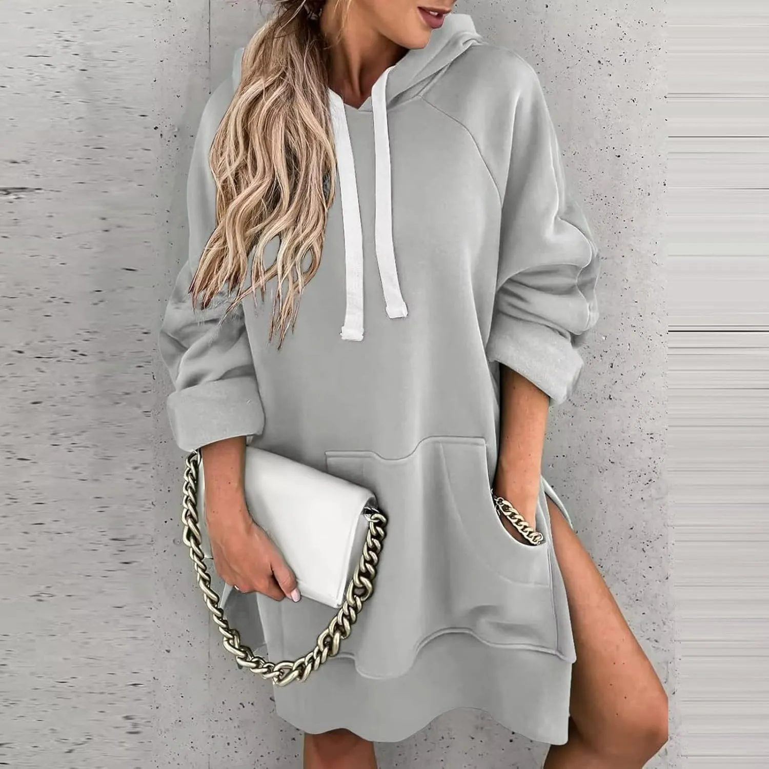 Women Hooded Sweatshirt Dress The Warmy Oversized Hoodie Dress Casual Drawstring Long Sweatshirt Trendy Split Hem Tops