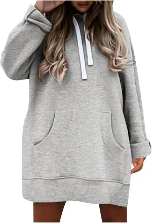 Women Hooded Sweatshirt Dress The Warmy Oversized Hoodie Dress Casual Drawstring Long Sweatshirt Trendy Split Hem Tops