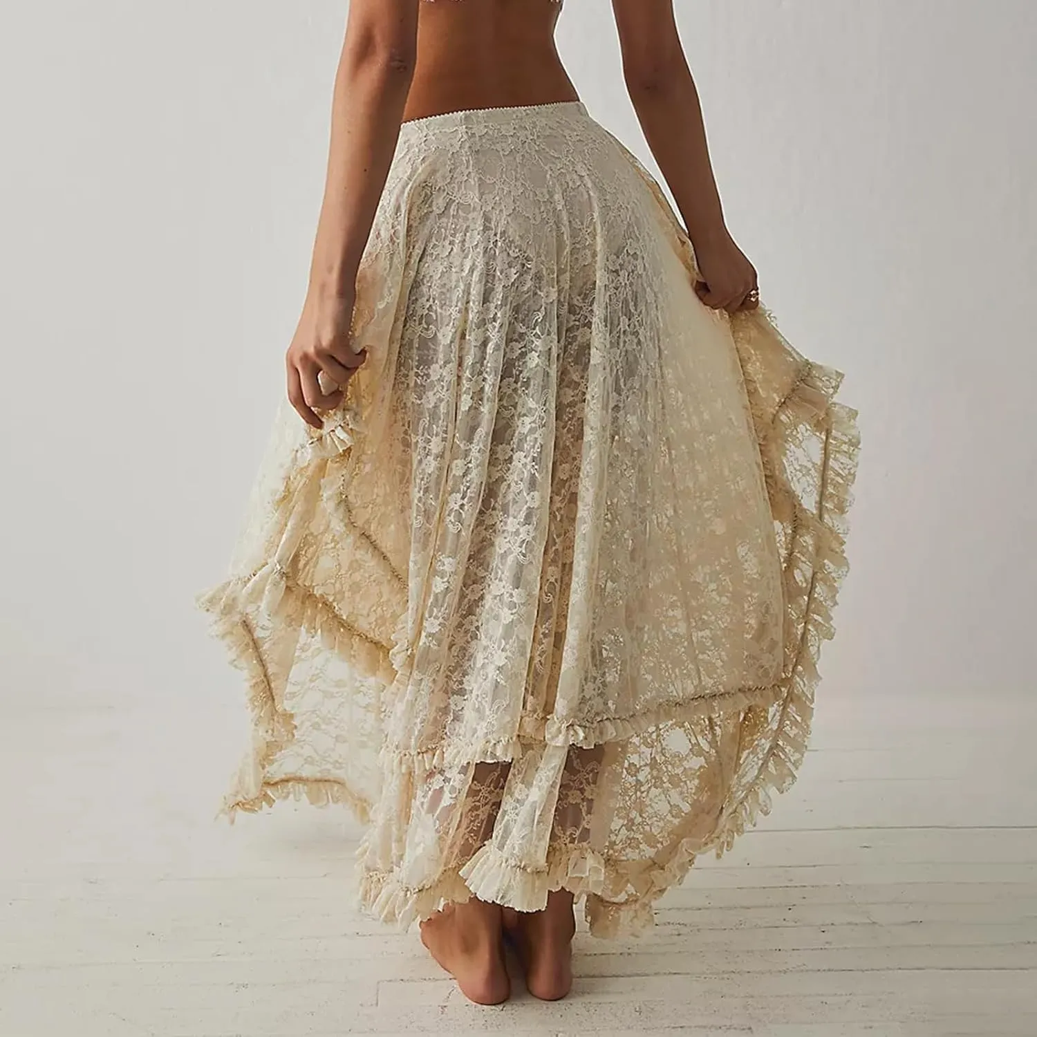 Women Lace Long Skirt See Through High Waist A-line Midi Skirts Spring Summer Irregular Hem Casual Skirts
