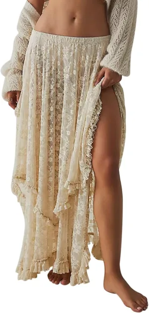Women Lace Long Skirt See Through High Waist A-line Midi Skirts Spring Summer Irregular Hem Casual Skirts