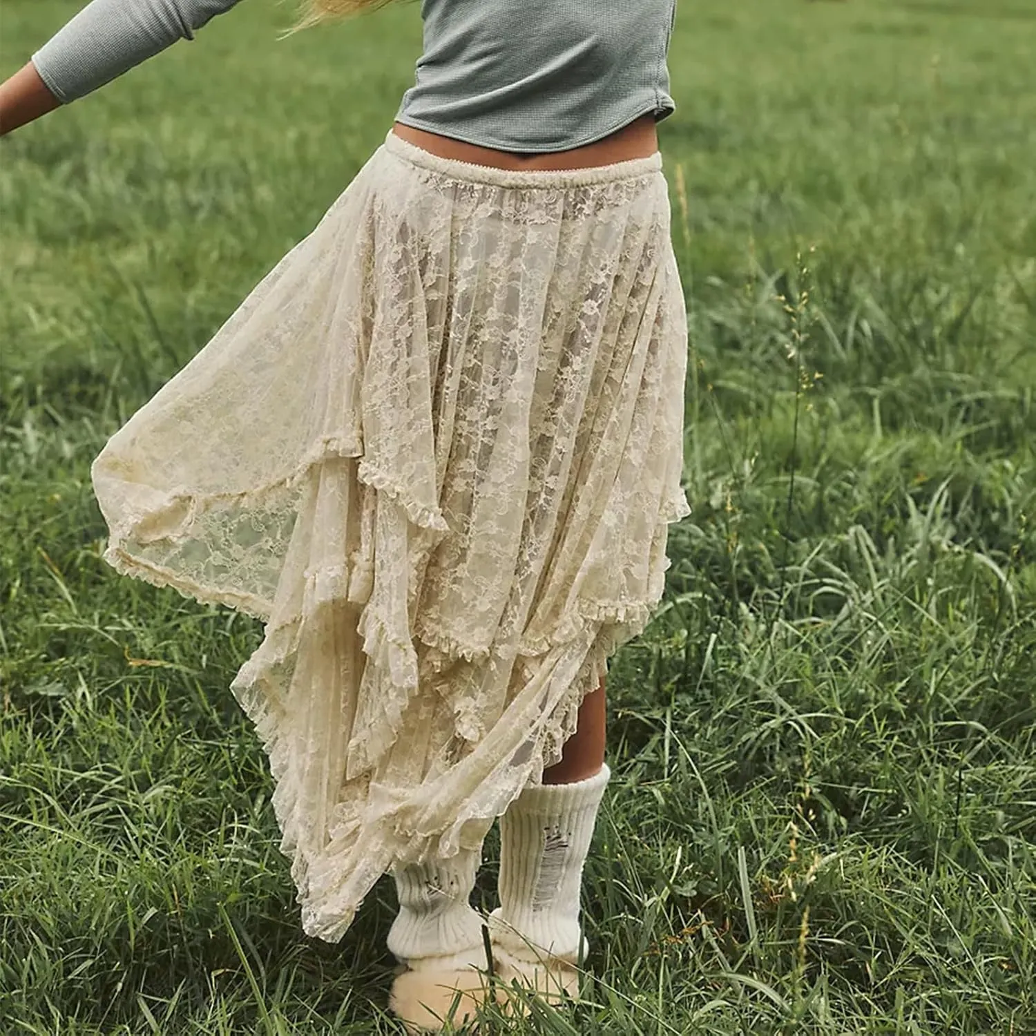 Women Lace Long Skirt See Through High Waist A-line Midi Skirts Spring Summer Irregular Hem Casual Skirts