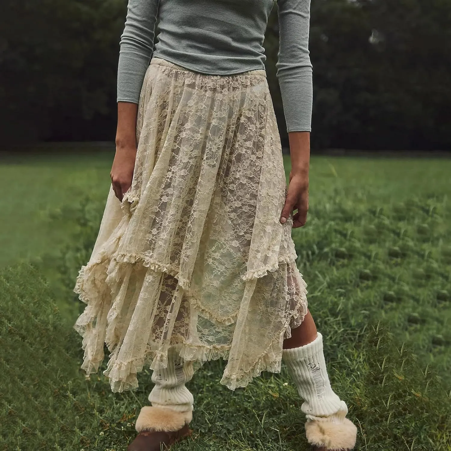 Women Lace Long Skirt See Through High Waist A-line Midi Skirts Spring Summer Irregular Hem Casual Skirts