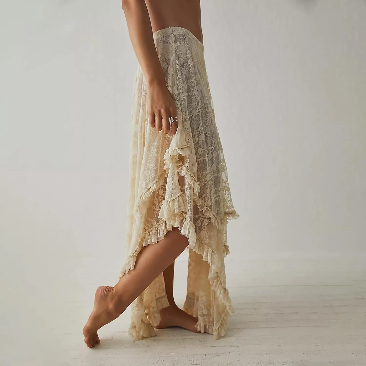 Women Lace Long Skirt See Through High Waist A-line Midi Skirts Spring Summer Irregular Hem Casual Skirts
