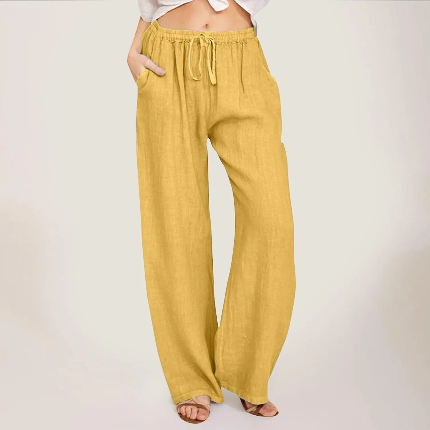 Women Linen Blend Summer Casual Flowy Pants Elastic Waist Wide Leg Loose Fit Trousers Vacation