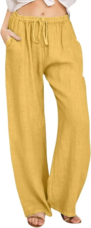 Women Linen Blend Summer Casual Flowy Pants Elastic Waist Wide Leg Loose Fit Trousers Vacation