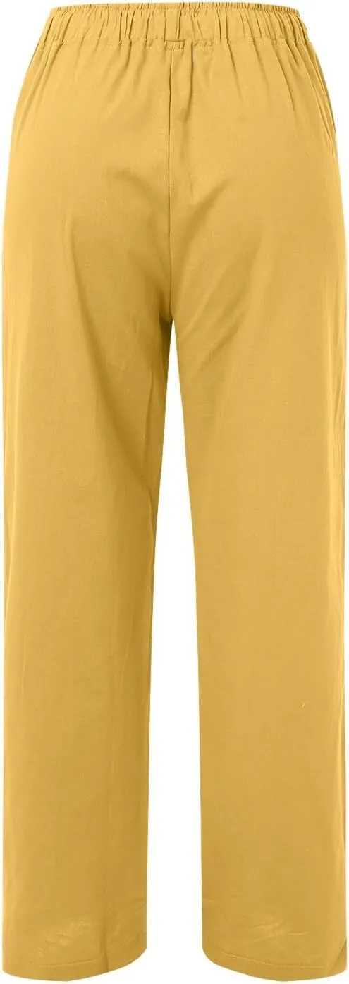 Women Linen Blend Summer Casual Flowy Pants Elastic Waist Wide Leg Loose Fit Trousers Vacation