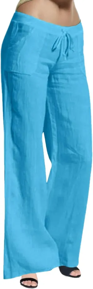 Women Linen Blend Summer Casual Loose Palazzo Lounge Pants Elastic Waist Baggy Stretchy Plus Size Trouser Trendy