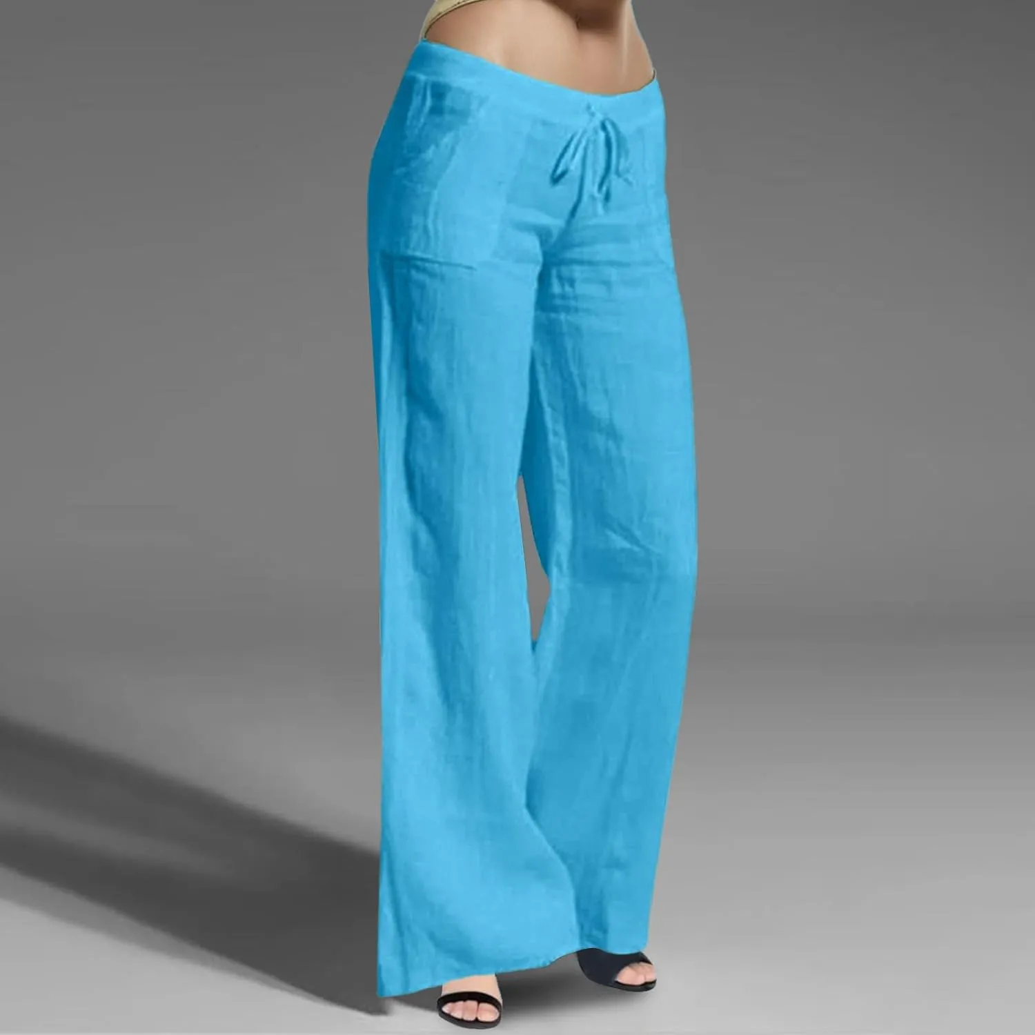 Women Linen Blend Summer Casual Loose Palazzo Lounge Pants Elastic Waist Baggy Stretchy Plus Size Trouser Trendy
