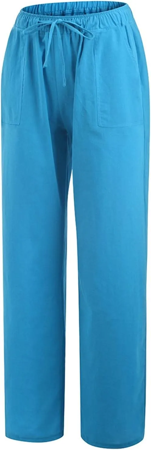 Women Linen Blend Summer Casual Loose Palazzo Lounge Pants Elastic Waist Baggy Stretchy Plus Size Trouser Trendy