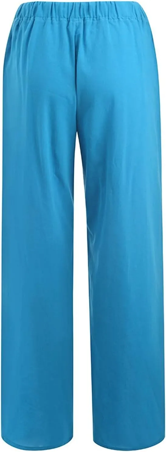 Women Linen Blend Summer Casual Loose Palazzo Lounge Pants Elastic Waist Baggy Stretchy Plus Size Trouser Trendy