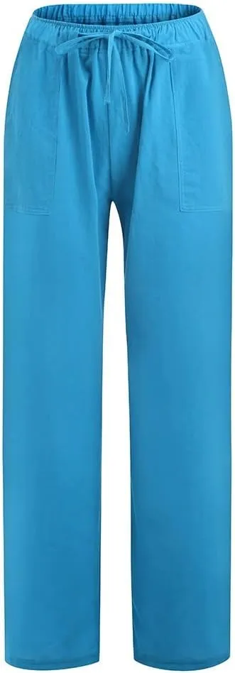 Women Linen Blend Summer Casual Loose Palazzo Lounge Pants Elastic Waist Baggy Stretchy Plus Size Trouser Trendy