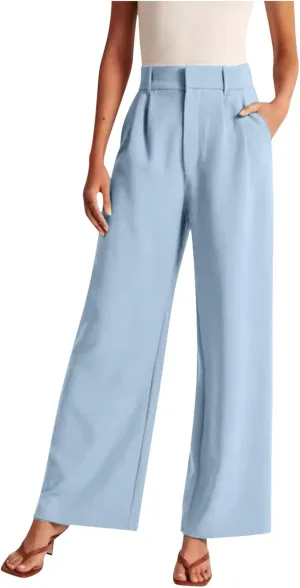 Women Linen Blend Summer Comfy Pant Trousers Elastic Waisted Wide Leg Slim Fit Palazzo Pants Vacation