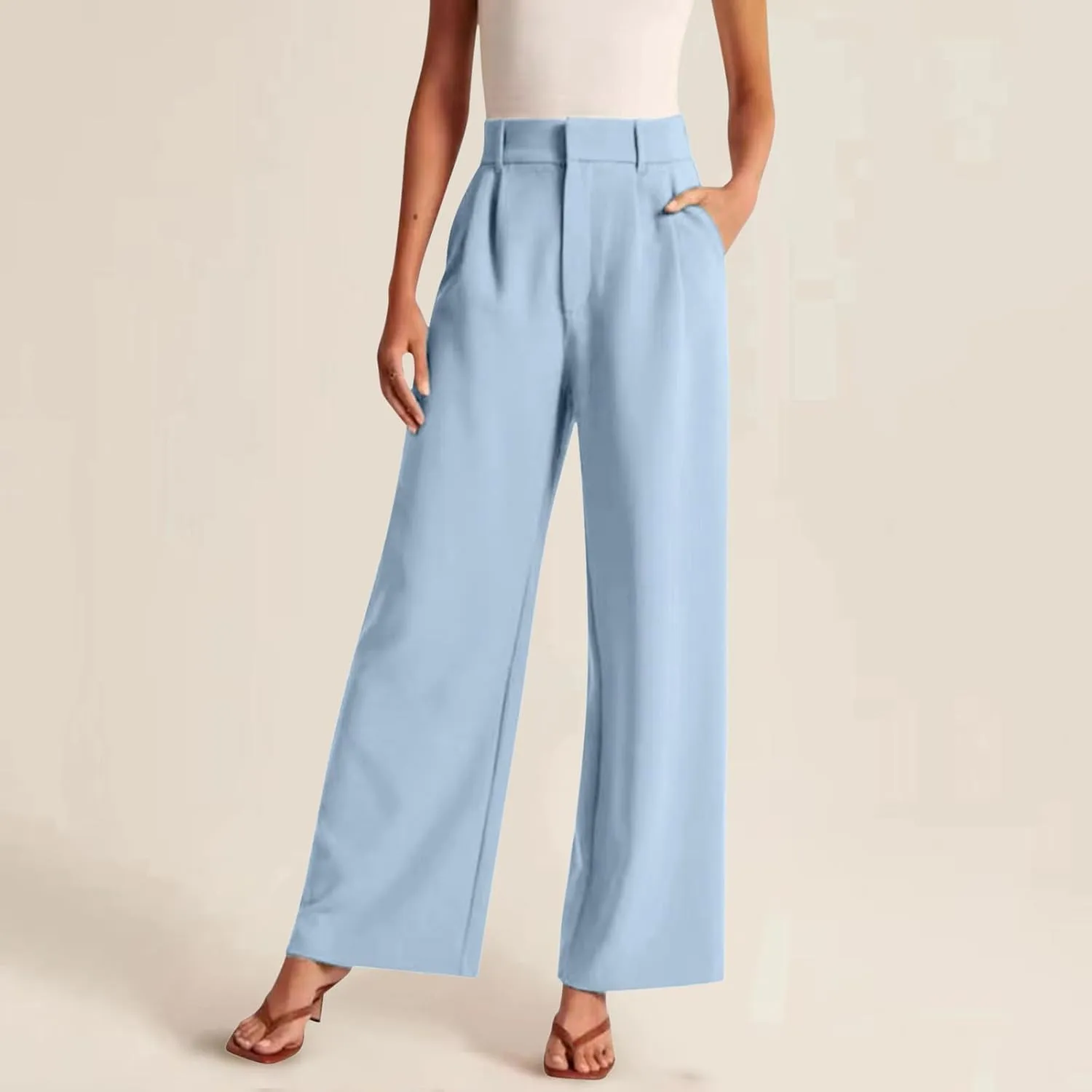 Women Linen Blend Summer Comfy Pant Trousers Elastic Waisted Wide Leg Slim Fit Palazzo Pants Vacation