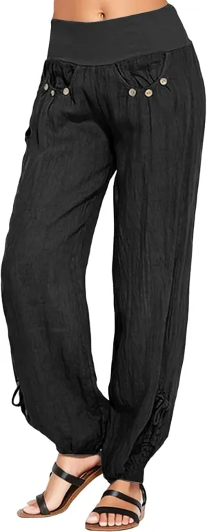 Women Linen Blend Summer Fashion Pant Trousers High Waist Wide Leg Loose Fit Palazzo Pants Business Work