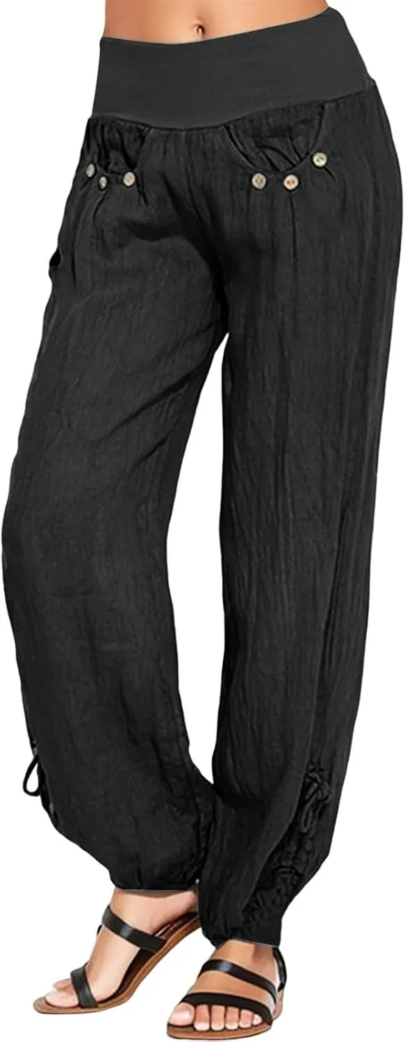 Women Linen Blend Summer Fashion Pant Trousers High Waist Wide Leg Loose Fit Palazzo Pants Business Work