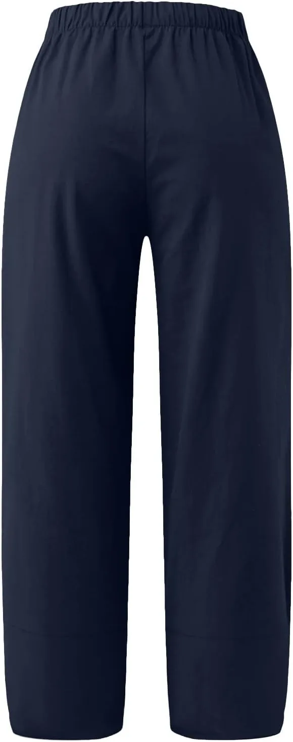 Women Linen Blend Summer Floral Palazzo Lounge Pants Elastic Waist Long Lounge Plus Size Trouser Work Business