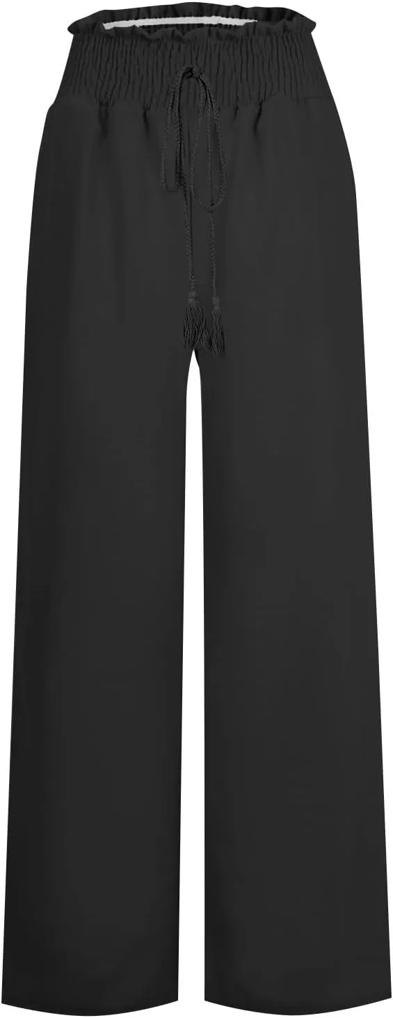 Women Linen Blend Summer Solid Pants Elastic Waist Baggy Stretchy Loose Fit Pant Trousers Business Work