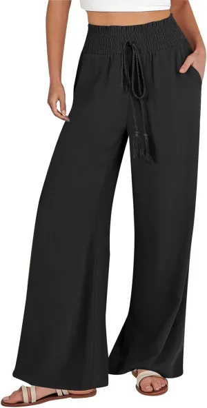 Women Linen Blend Summer Solid Pants Elastic Waist Baggy Stretchy Loose Fit Pant Trousers Business Work