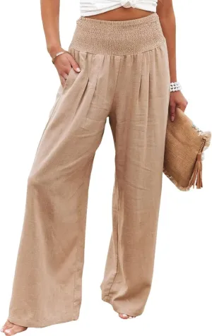 Women Linen Pants Elastic High Waist Wide Leg Palazzo Pants Summer Casual Loose Beach Pants Trousers with Pocket