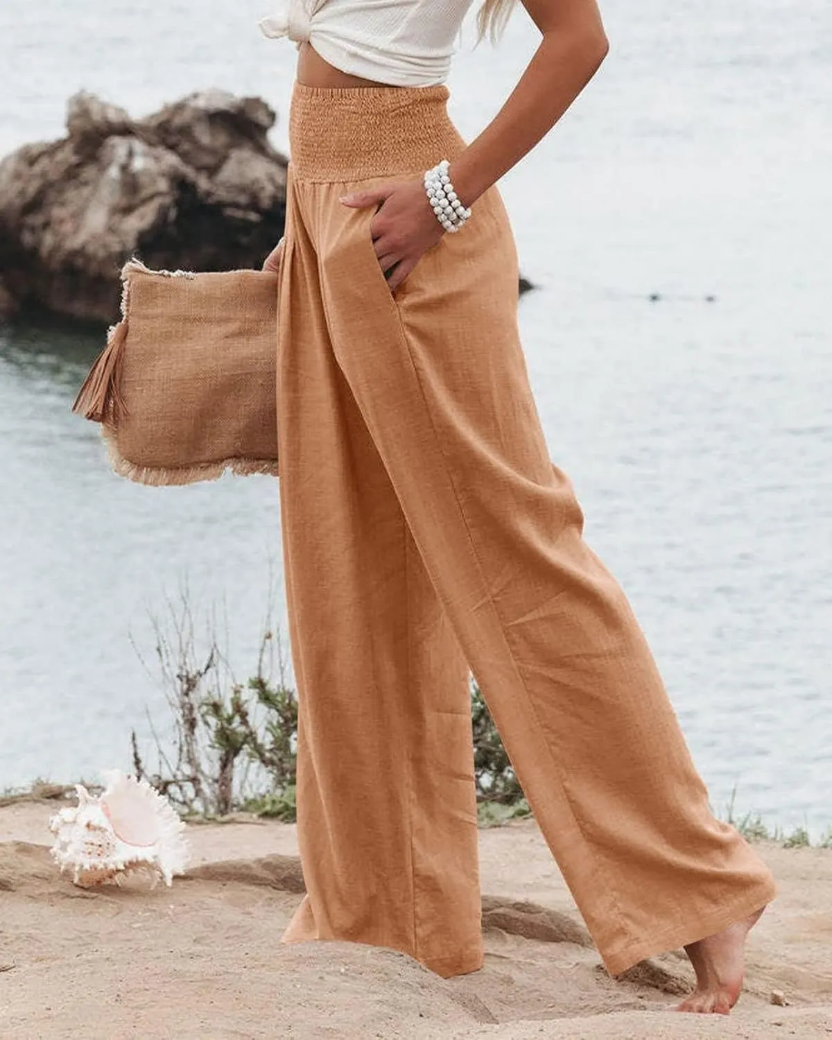 Women Linen Pants Elastic High Waist Wide Leg Palazzo Pants Summer Casual Loose Beach Pants Trousers with Pocket