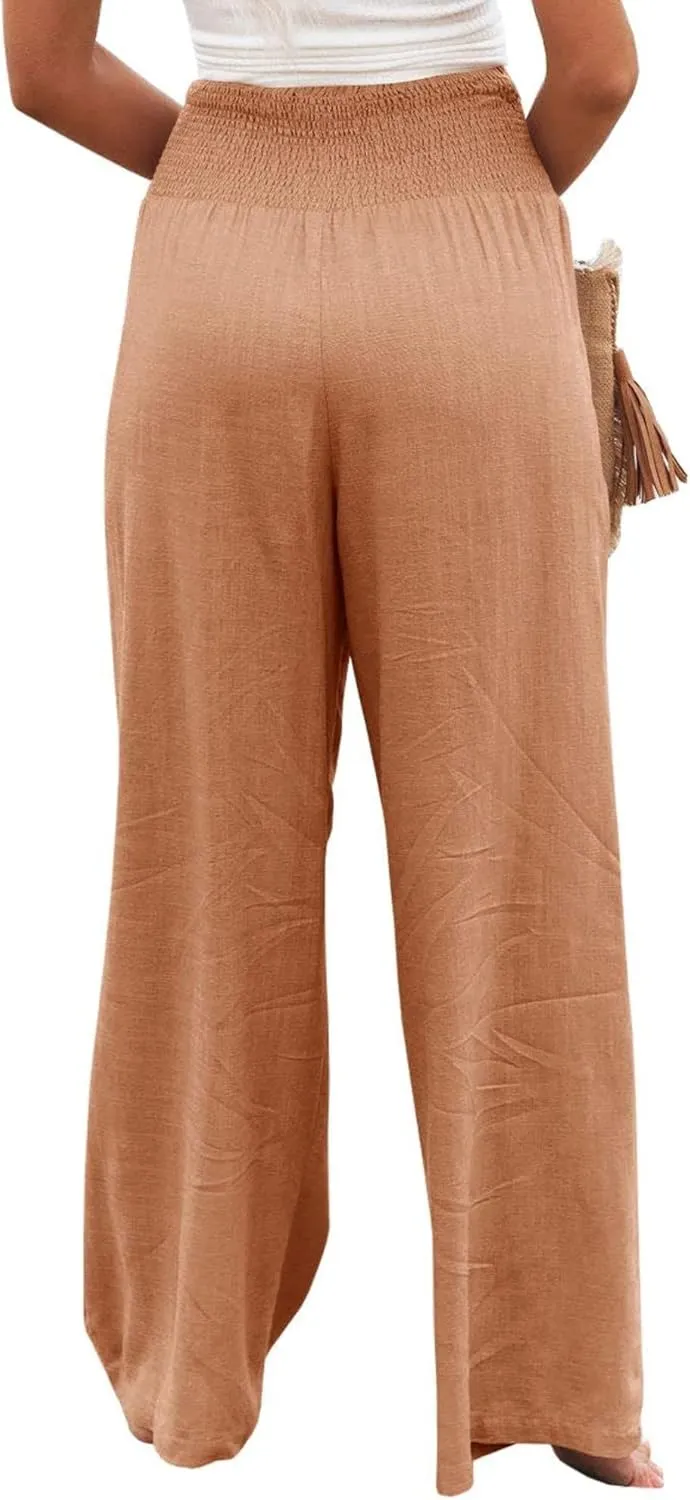Women Linen Pants Elastic High Waist Wide Leg Palazzo Pants Summer Casual Loose Beach Pants Trousers with Pocket