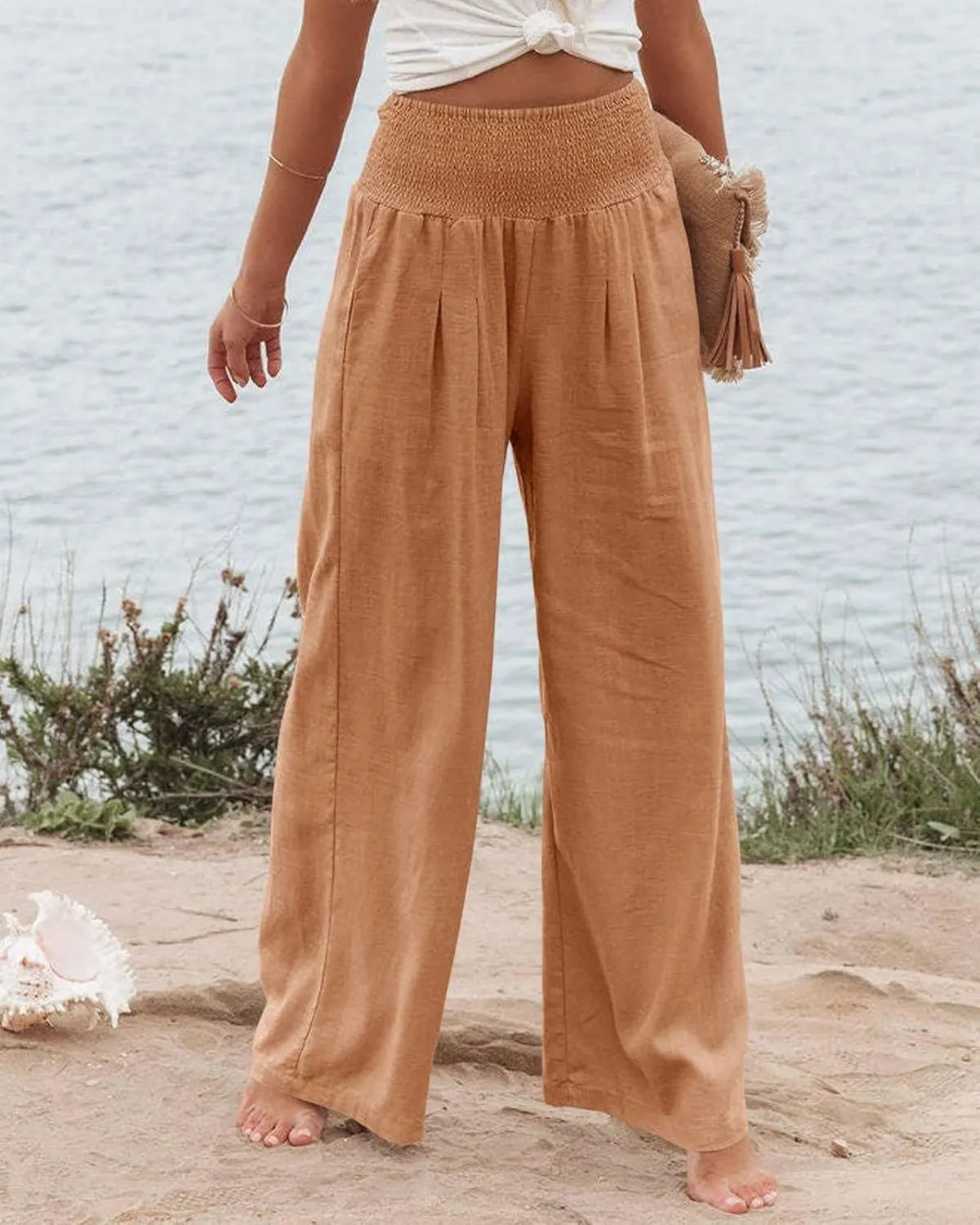 Women Linen Pants Elastic High Waist Wide Leg Palazzo Pants Summer Casual Loose Beach Pants Trousers with Pocket