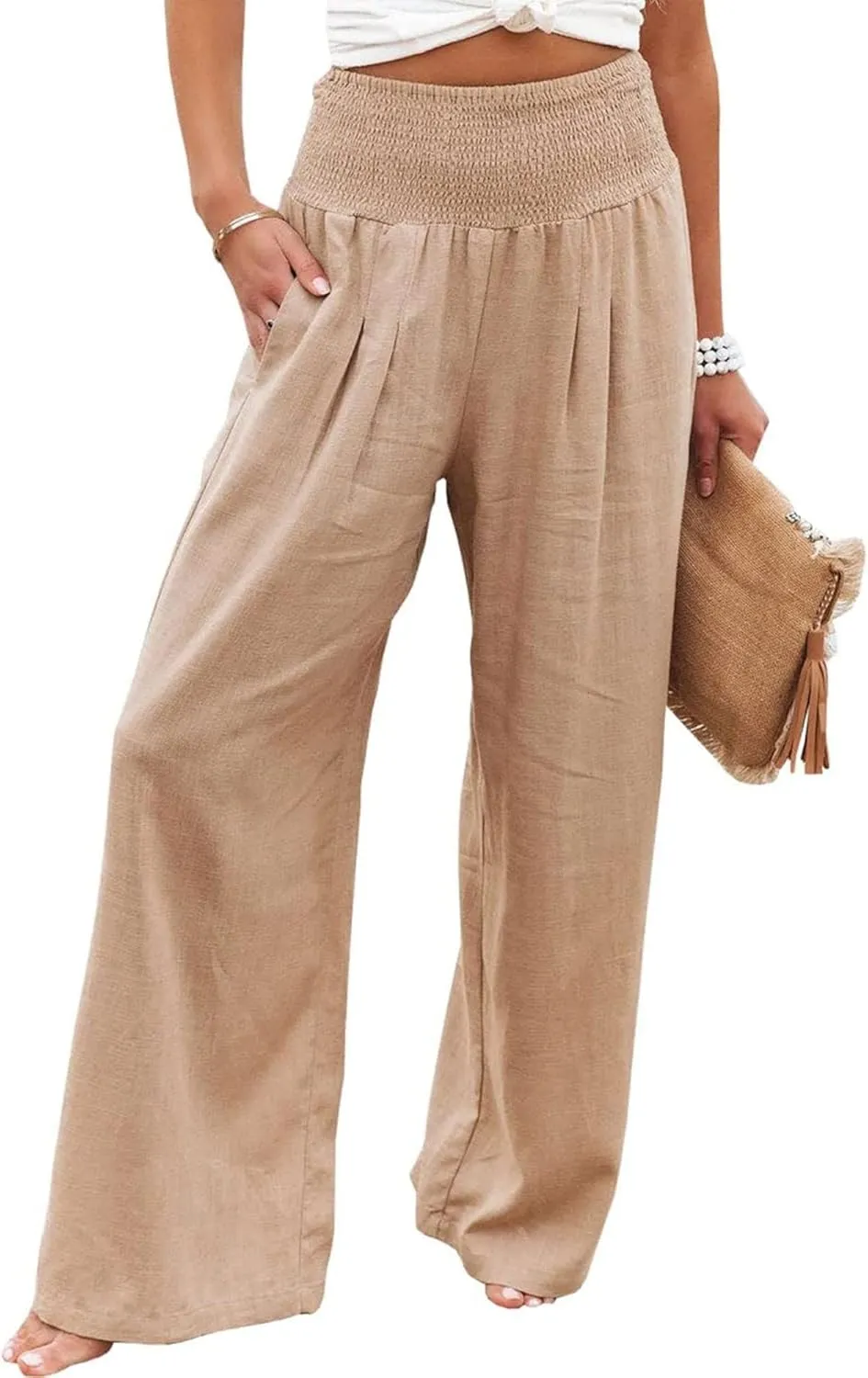 Women Linen Pants Elastic High Waist Wide Leg Palazzo Pants Summer Casual Loose Beach Pants Trousers with Pocket