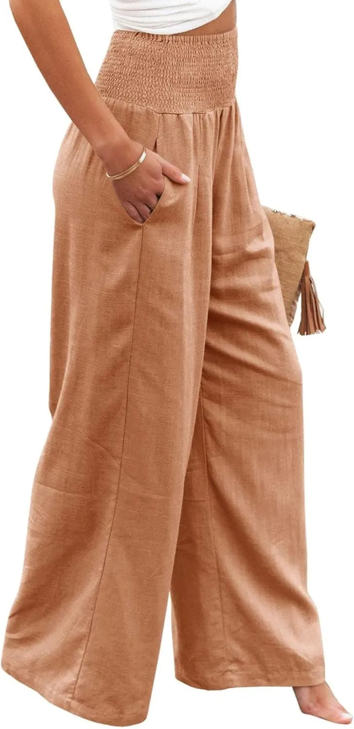 Women Linen Pants Elastic High Waist Wide Leg Palazzo Pants Summer Casual Loose Beach Pants Trousers with Pocket