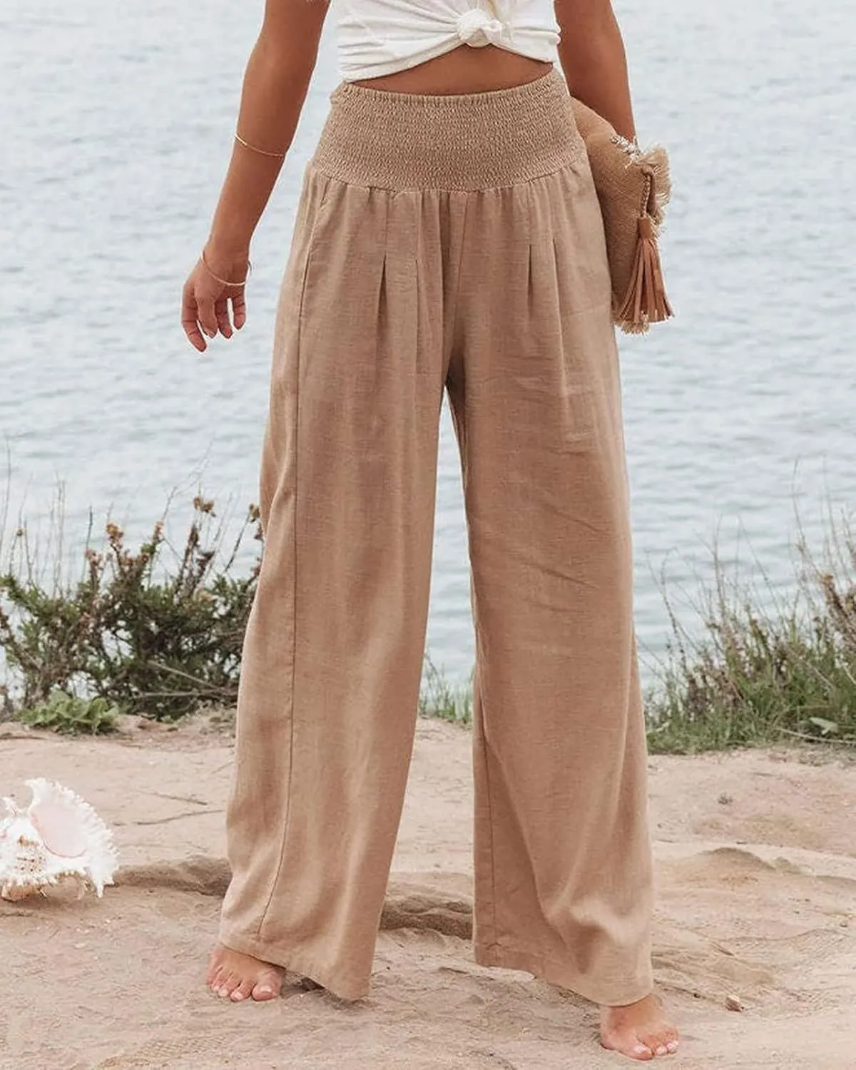 Women Linen Pants Elastic High Waist Wide Leg Palazzo Pants Summer Casual Loose Beach Pants Trousers with Pocket