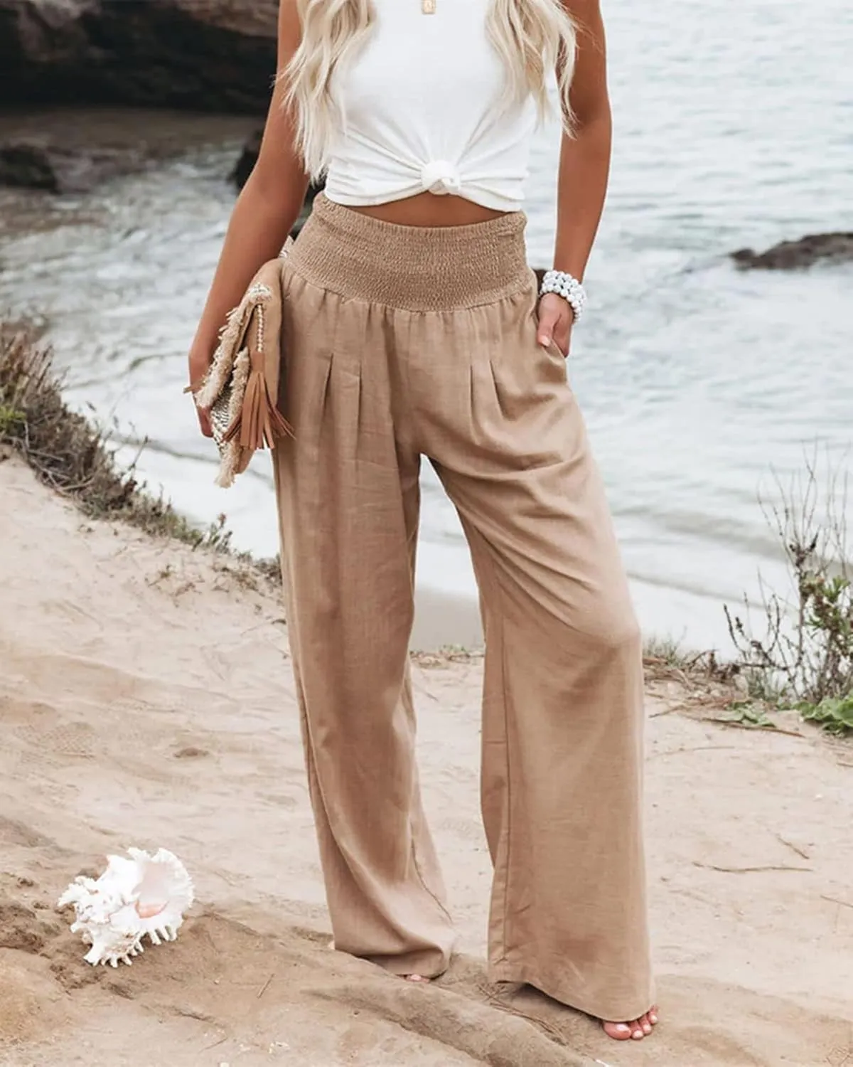 Women Linen Pants Elastic High Waist Wide Leg Palazzo Pants Summer Casual Loose Beach Pants Trousers with Pocket