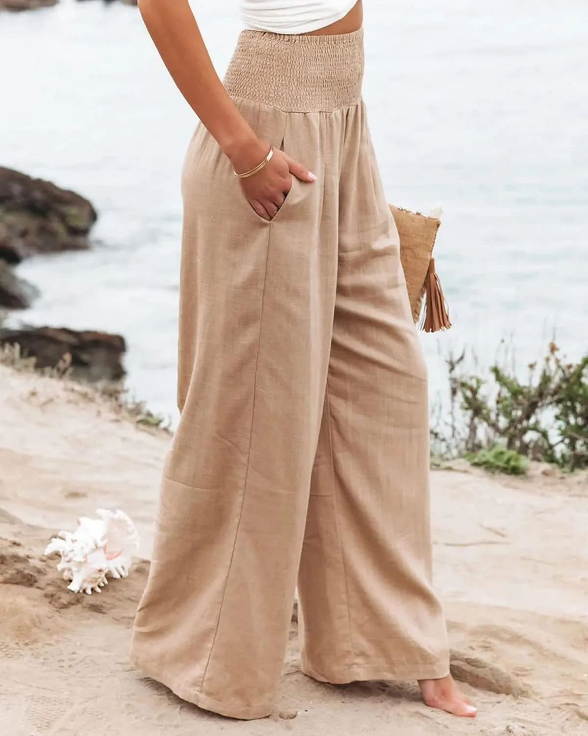 Women Linen Pants Elastic High Waist Wide Leg Palazzo Pants Summer Casual Loose Beach Pants Trousers with Pocket