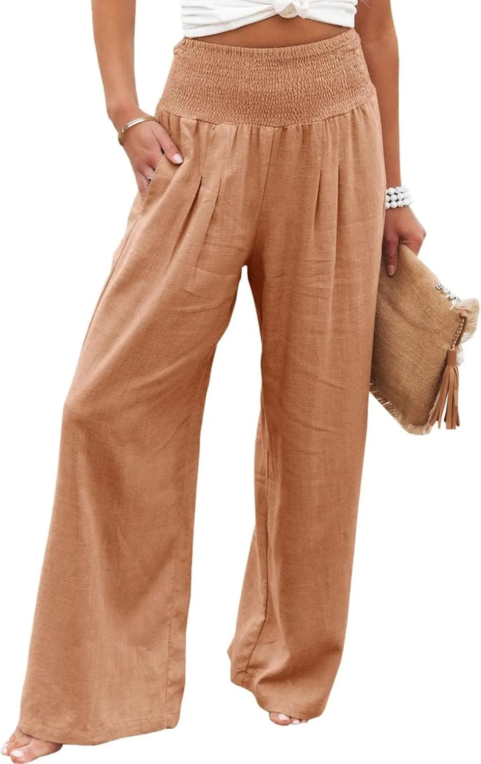Women Linen Pants Elastic High Waist Wide Leg Palazzo Pants Summer Casual Loose Beach Pants Trousers with Pocket