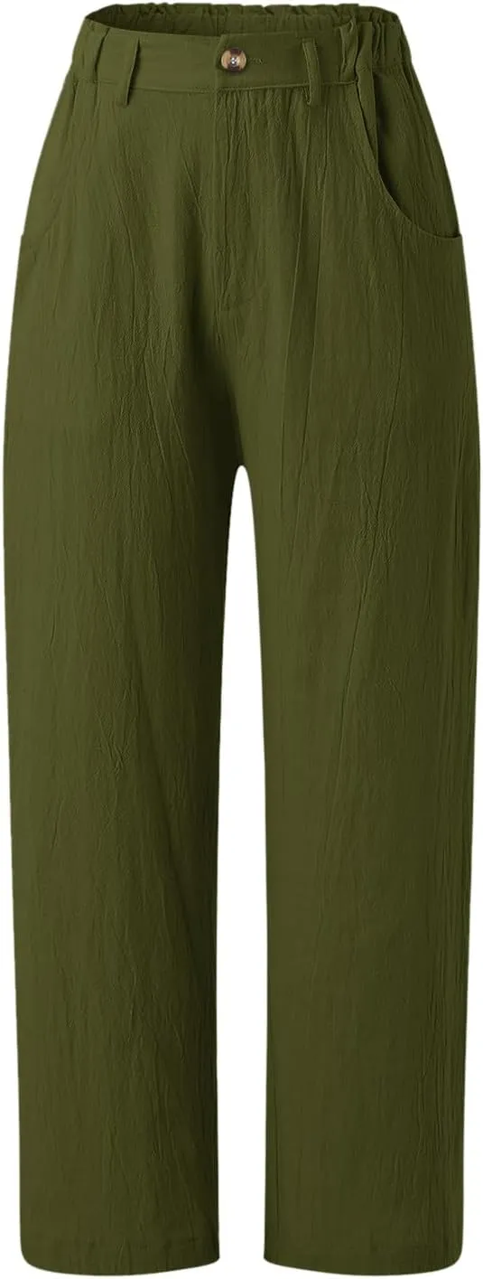 Women Linen Summer Split Flowy Palazzo Pants Low Waist Straight Loose Fit Pant Trousers Office