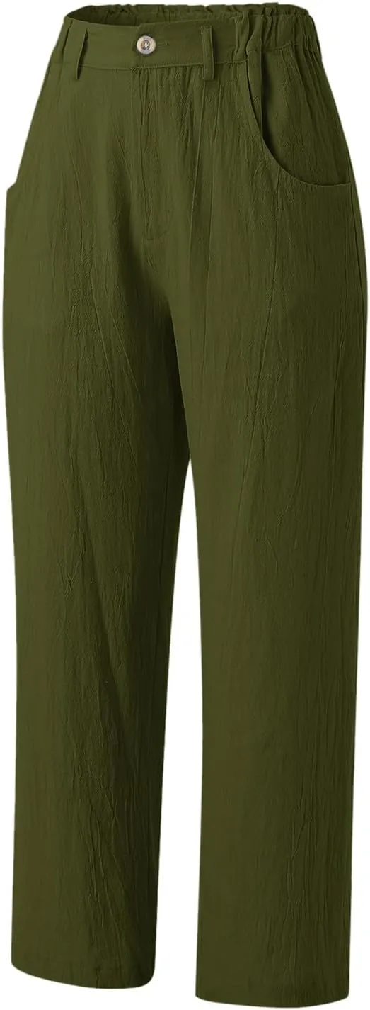 Women Linen Summer Split Flowy Palazzo Pants Low Waist Straight Loose Fit Pant Trousers Office