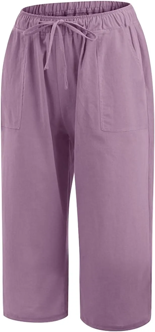 Women Linen Summer Y2K Streetwear Pants Elastic Waisted Baggy Stretchy Plus Size Trousers Travel