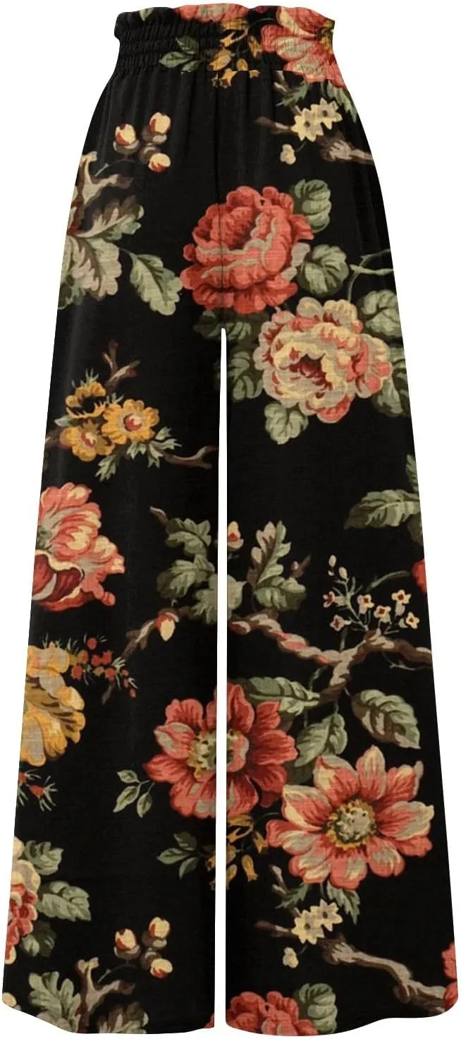 Women Palazzo Pants 2025 Summer Boho Wide Leg High Waist Lounge Pant Elastic Drawstring Trousers with Pocket