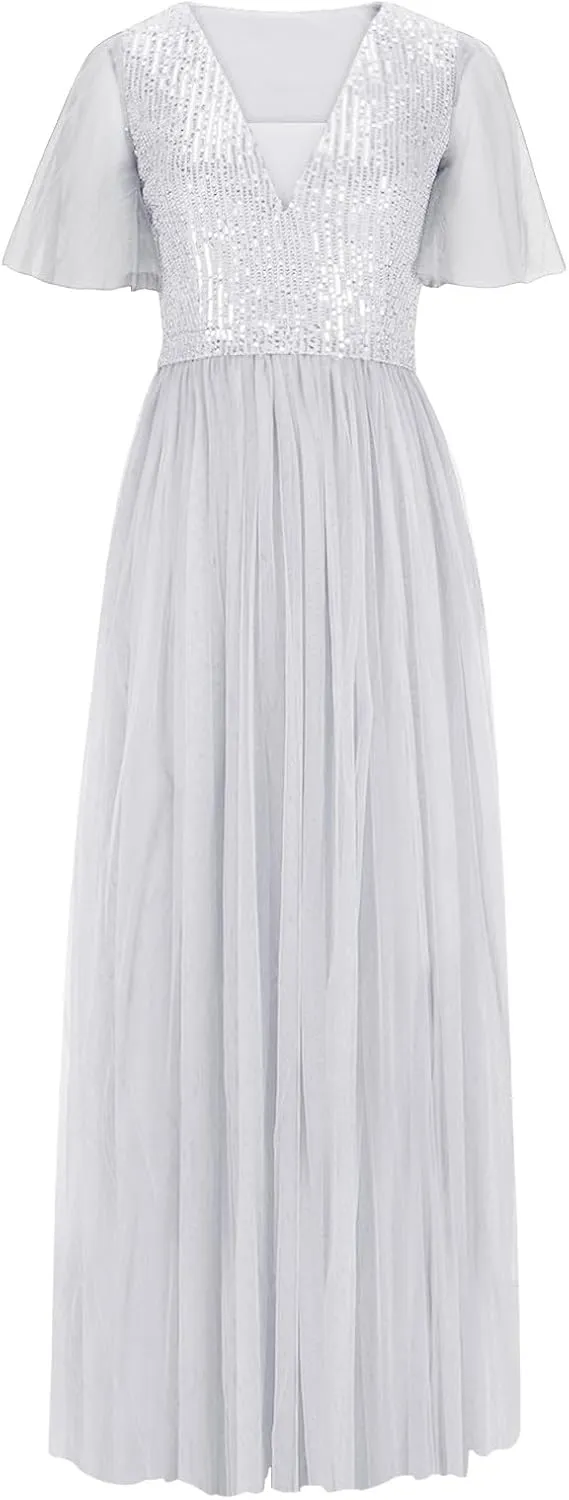 Women Sequins Mesh Formal Dress Pleated A-Line Evening Gown Short Sleeve V Neck Bridesmaids Empire Waist Swing Dress