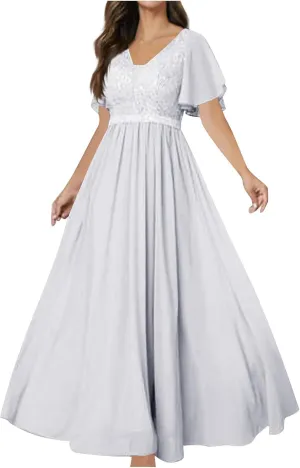 Women Sequins Mesh Formal Dress Pleated A-Line Evening Gown Short Sleeve V Neck Bridesmaids Empire Waist Swing Dress