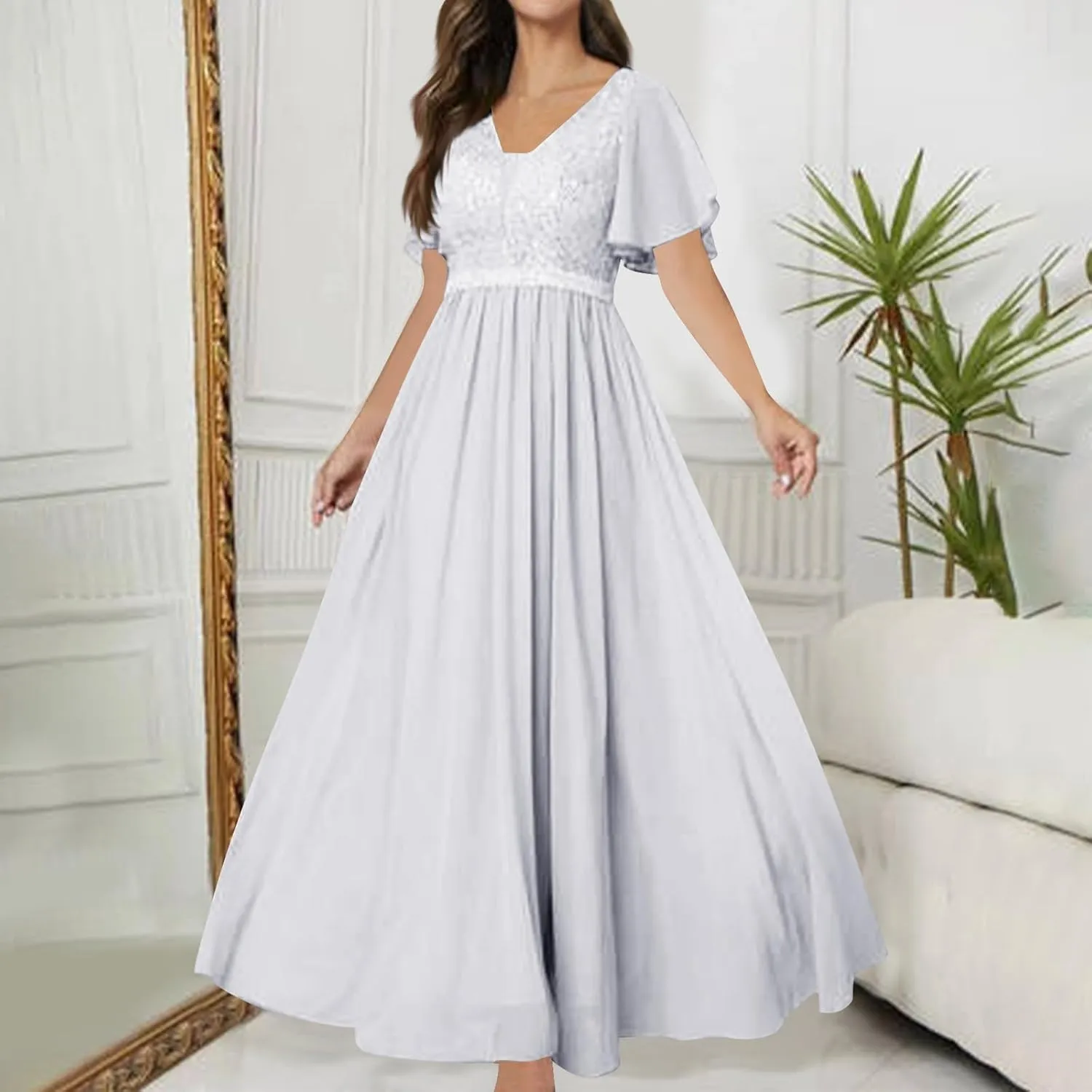 Women Sequins Mesh Formal Dress Pleated A-Line Evening Gown Short Sleeve V Neck Bridesmaids Empire Waist Swing Dress