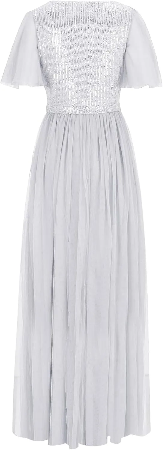 Women Sequins Mesh Formal Dress Pleated A-Line Evening Gown Short Sleeve V Neck Bridesmaids Empire Waist Swing Dress