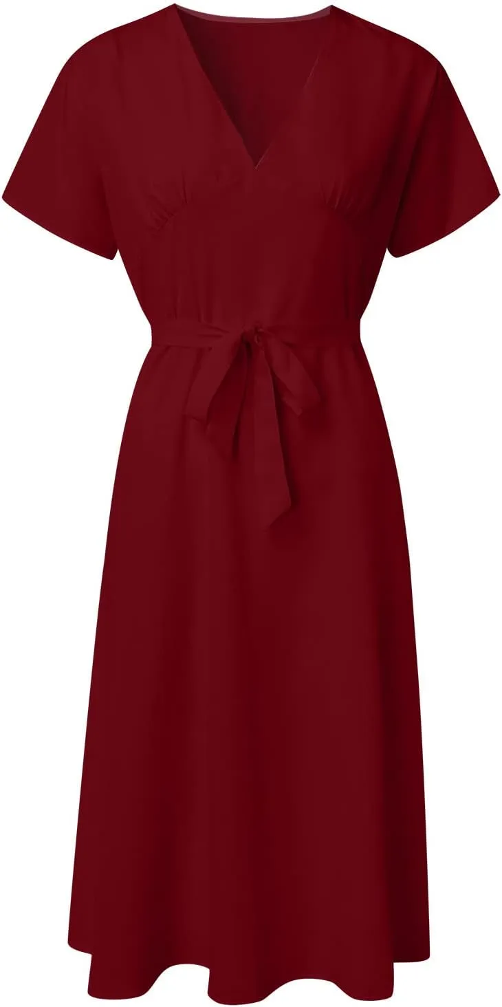 Women Summer Bohemian Floral Casual V Neck Ruffle Flowy Short Sleeve Belt A-Line Pleated Hem Midi Sun Dress for Women