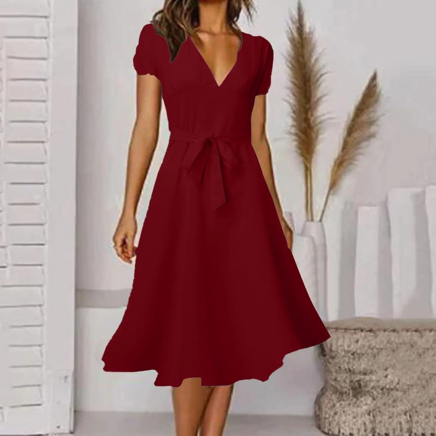 Women Summer Bohemian Floral Casual V Neck Ruffle Flowy Short Sleeve Belt A-Line Pleated Hem Midi Sun Dress for Women