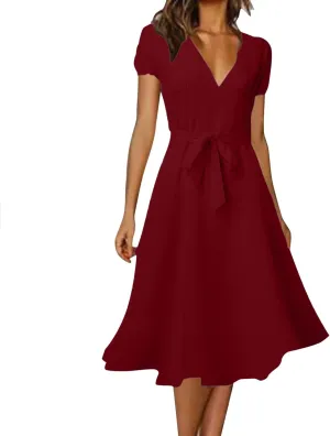 Women Summer Bohemian Floral Casual V Neck Ruffle Flowy Short Sleeve Belt A-Line Pleated Hem Midi Sun Dress for Women