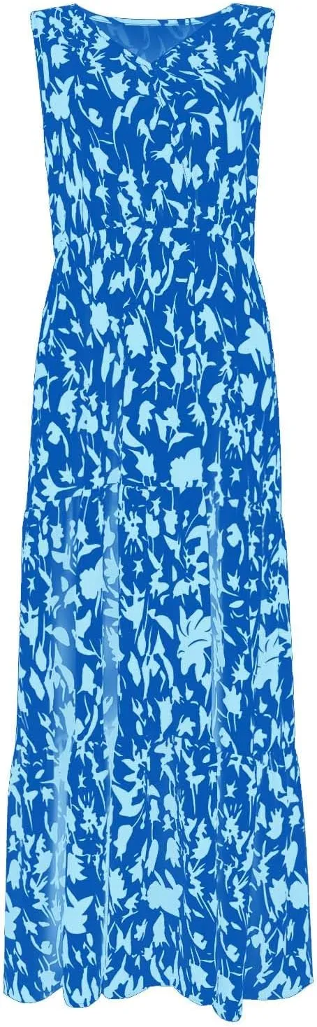 Women Summer Dresses Casual Sleeveless Maxi Dresses Cute Floral Long Dress Wedding Guest Dress V Neck Boho Dress