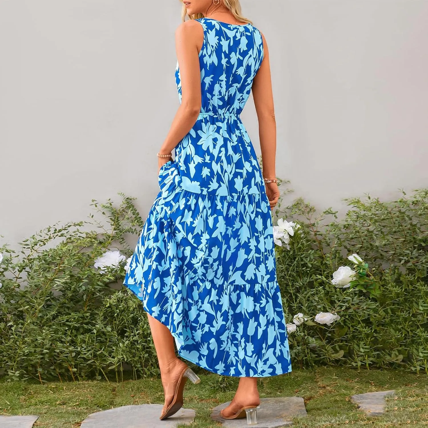 Women Summer Dresses Casual Sleeveless Maxi Dresses Cute Floral Long Dress Wedding Guest Dress V Neck Boho Dress
